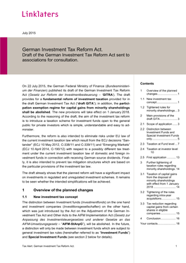 German Investment Tax Reform Act. Draft of the German Investment Tax Reform Act Sent to Associations for Consultation