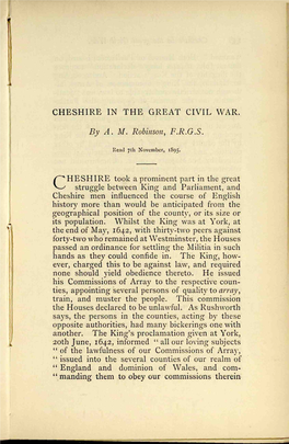 CHESHIRE in the GREAT CIVIL WAR. by A. M. Robinson, F.R.G.S