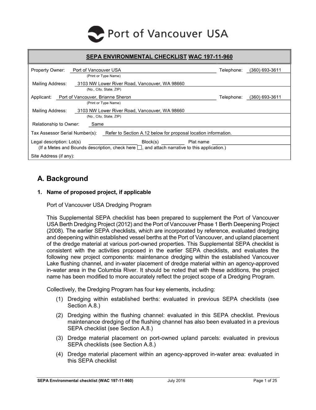 Supplemental SEPA Checklist Dredging Program New Components