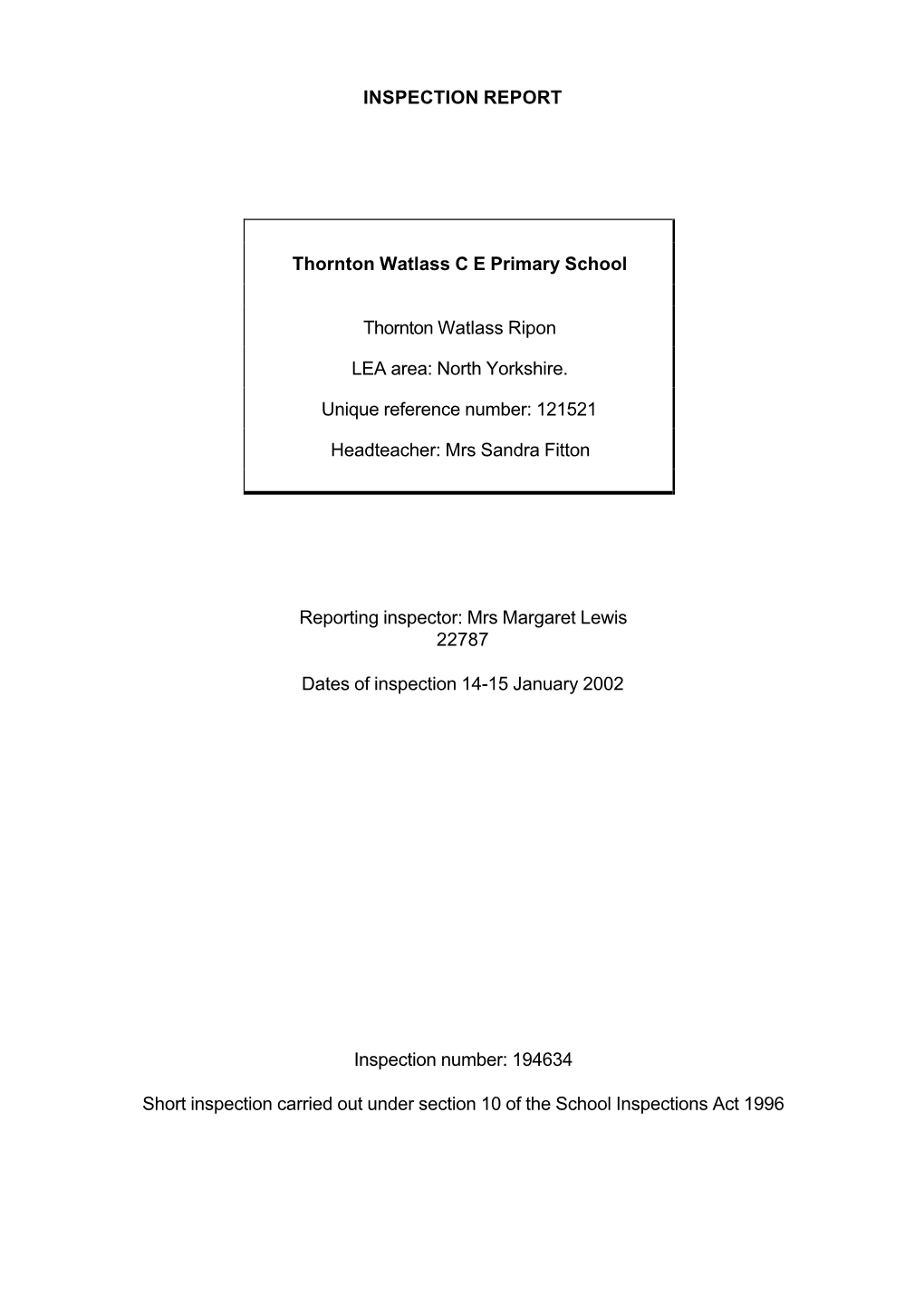 INSPECTION REPORT Thornton Watlass C E Primary School