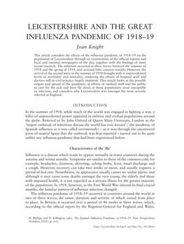 LEICESTERSHIRE and the GREAT INFLUENZA PANDEMIC of 1918–19 Joan Knight