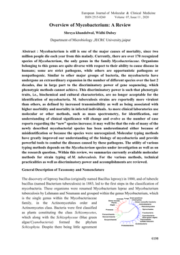 Overview of Mycobacterium: a Review Shreya Khandelwal, Widhi Dubey Department of Microbiology ,JECRC University,Jaipur