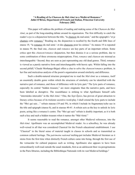 A Reading of La Chanson Du Mal-Aimé As a Medieval Romance.” Juliet O'brien, Department of French and Italian, Princeton University February 2003