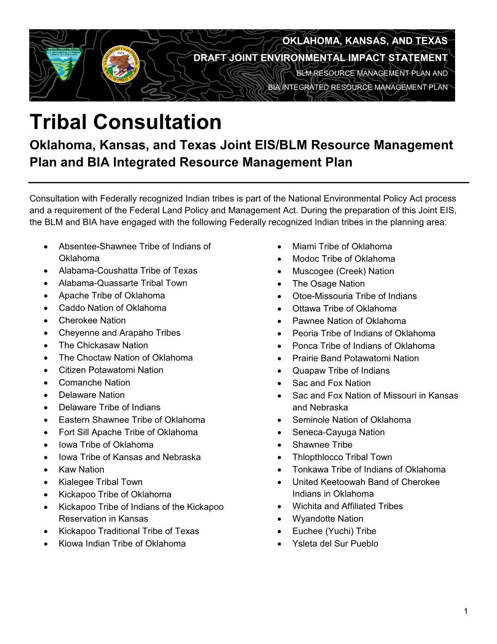 Tribal Consultation Oklahoma, Kansas, and Texas Joint EIS/BLM Resource Management Plan and BIA Integrated Resource Management Plan