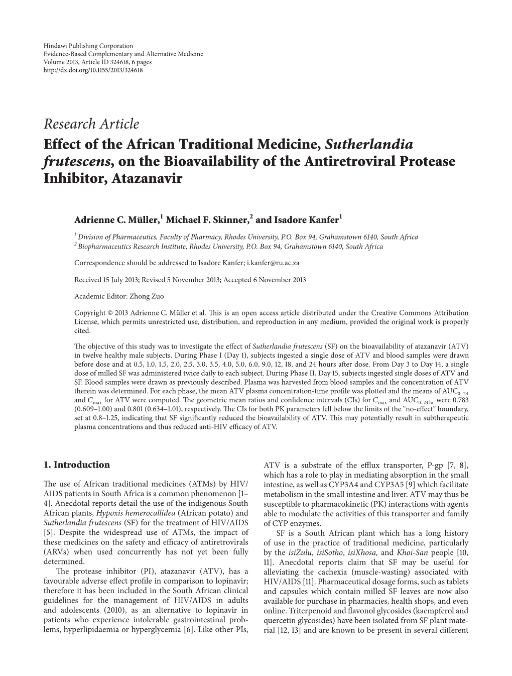 Effect of the African Traditional Medicine, Sutherlandia Frutescens, on the Bioavailability of the Antiretroviral Protease Inhibitor, Atazanavir