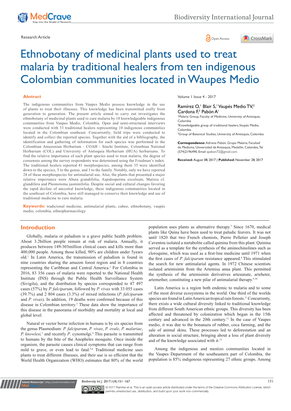 Ethnobotany of Medicinal Plants Used to Treat Malaria by Traditional Healers from Ten Indigenous Colombian Communities Located in Waupes Medio