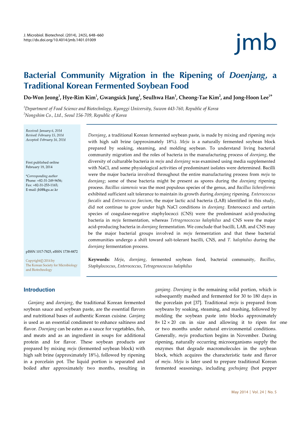 Bacterial Community Migration in the Ripening of Doenjang, a Traditional