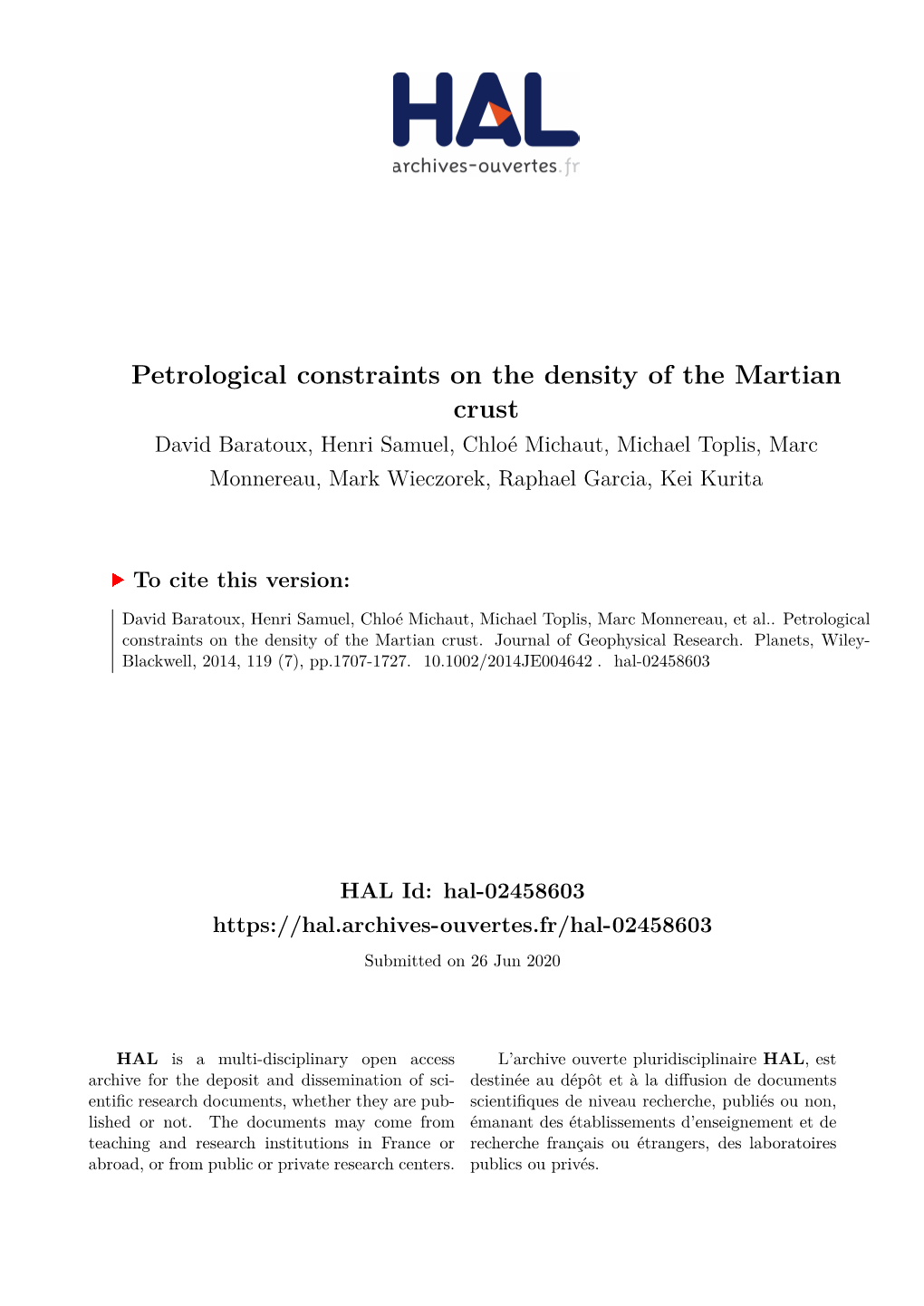 Petrological Constraints on the Density of the Martian Crust