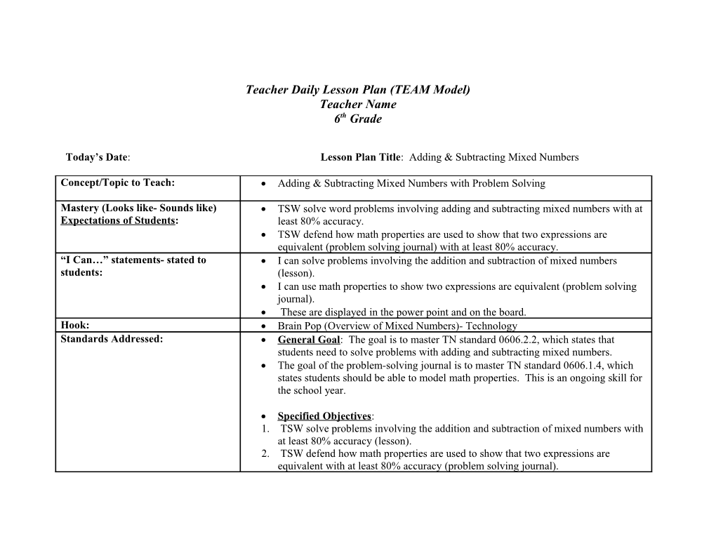 Teacher Daily Lesson Plan (TEAM Model)