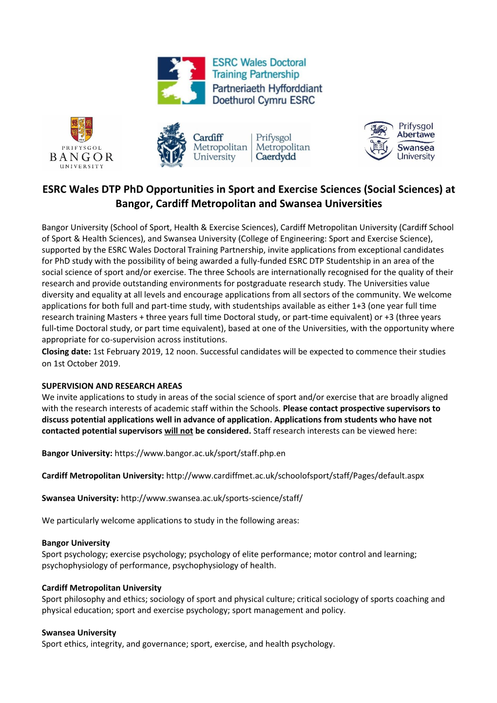 ESRC Wales DTP Phd Opportunities in Sport and Exercise Sciences (Social Sciences) at Bangor, Cardiff Metropolitan and Swansea Universities