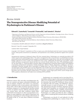 The Neuroprotective Disease-Modifying Potential of Psychotropics in Parkinson’S Disease
