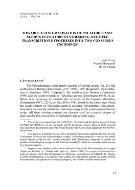 Towards a Systematisation of Palaeohispanic Scripts in Unicode: Synthesising Multiple Transcription Hypotheses Into Two Consensus Encodings*