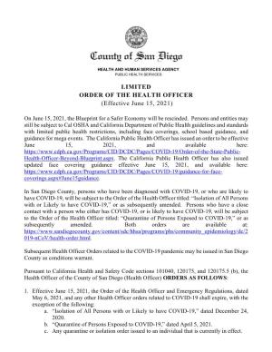 LIMITED ORDER of the HEALTH OFFICER (Effective June 15, 2021)