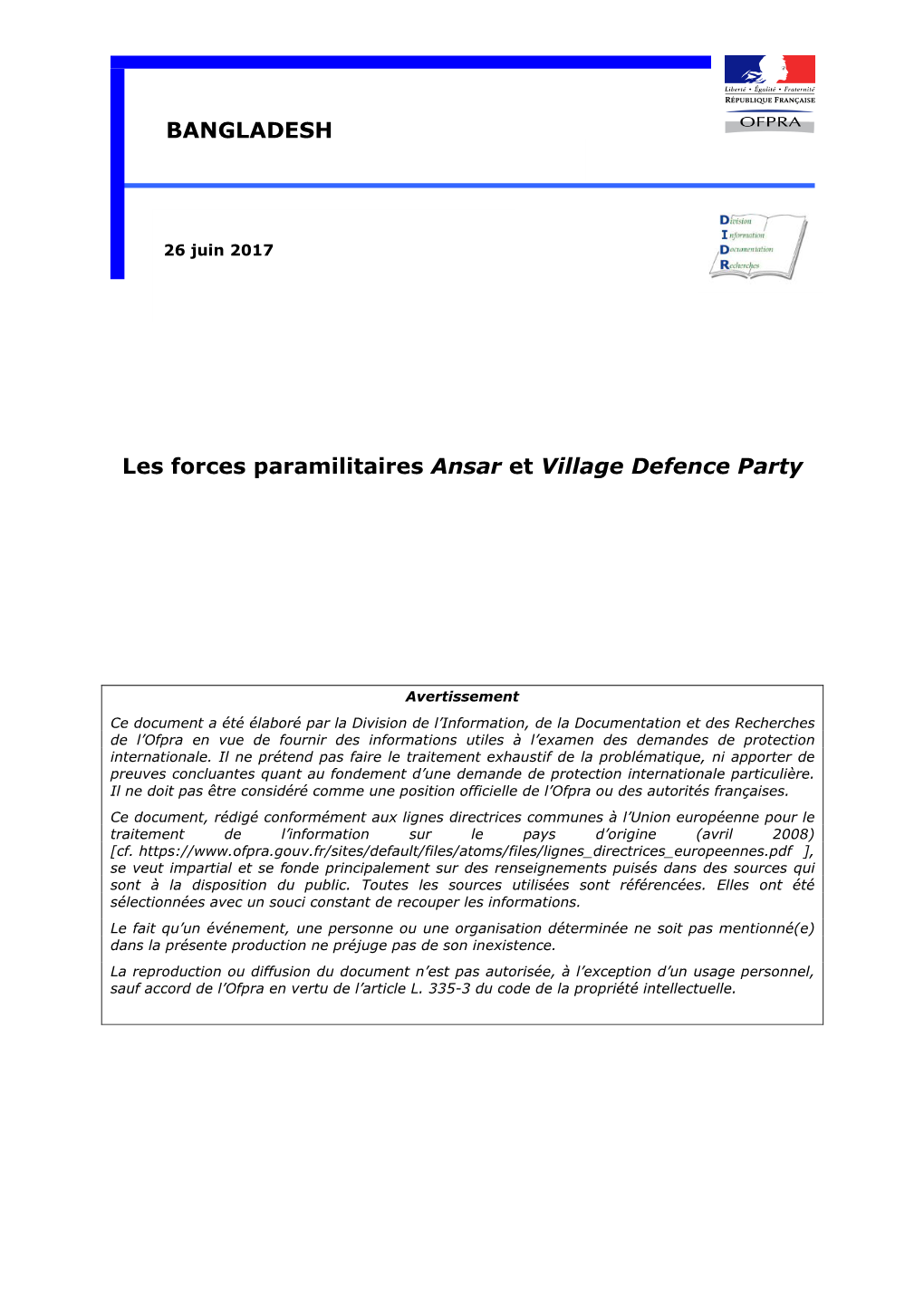 Les Forces Paramilitaires Ansar Et Village Defence Party (VDP)