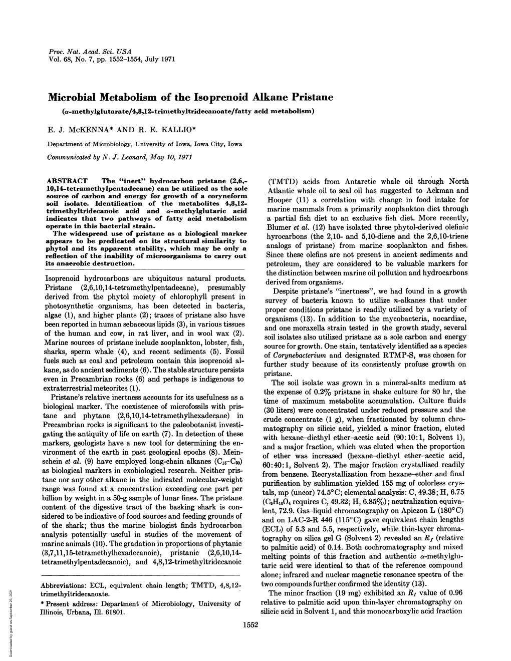 Microbial Metabolism of the Isoprenoid Alkane Pristane (A-Methylglutarate/4,8,12-Trimethyltridecanoate/Fatty Acid Metabolism)