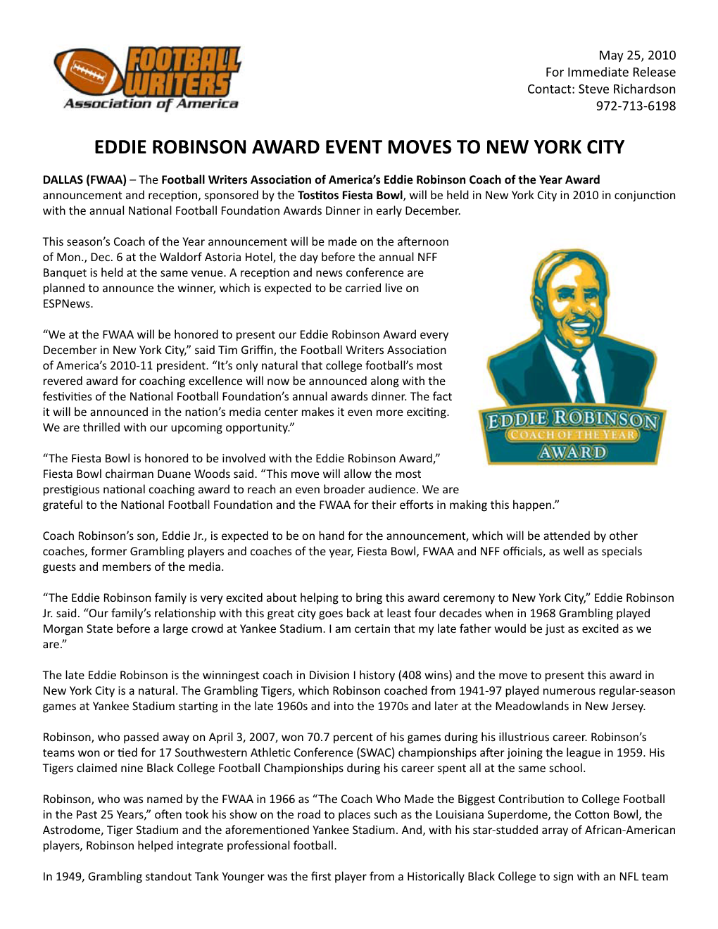 Eddie Robinson Award Event Moves to New York City