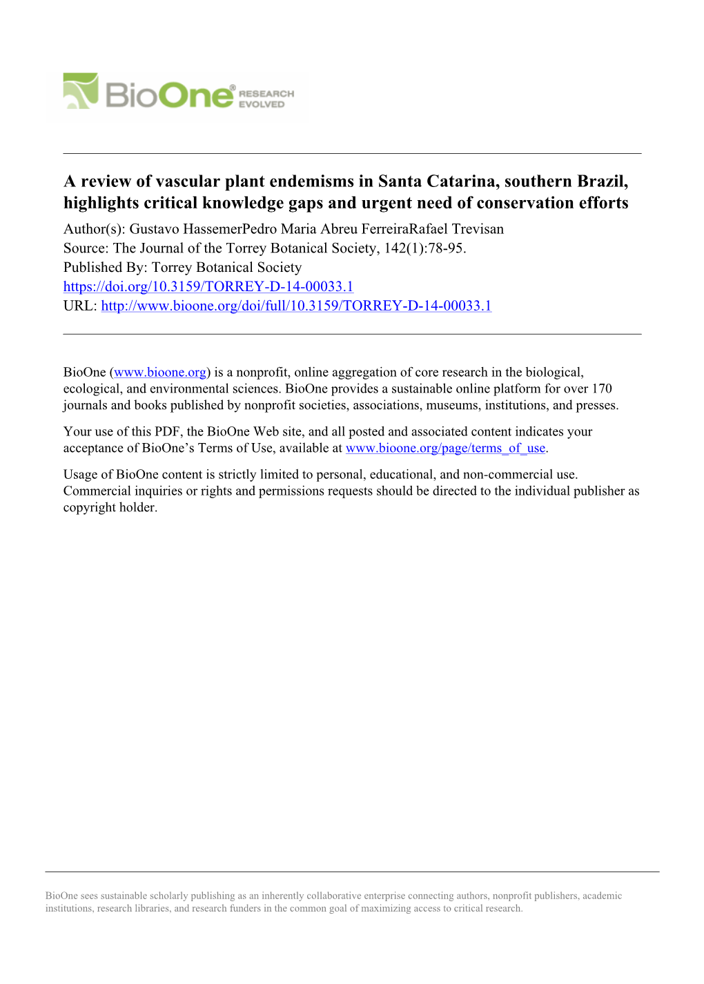 A Review of Vascular Plant Endemisms in Santa Catarina, Southern Brazil