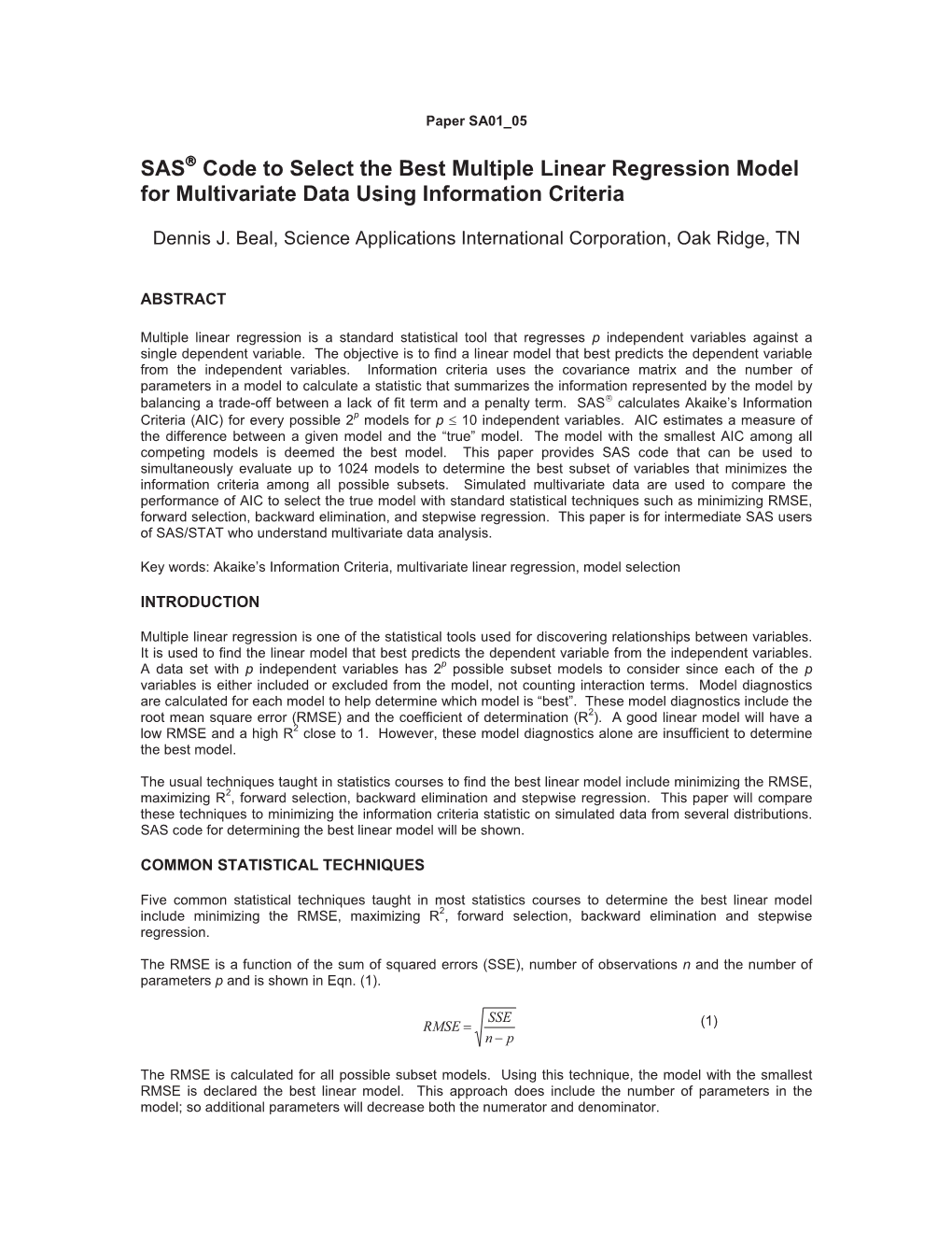 SAS Code to Select the Best Multiple Linear Regression