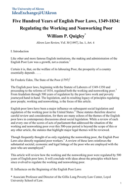 Five Hundred Years of English Poor Laws, 1349-1834: Regulating the Working and Nonworking Poor William P