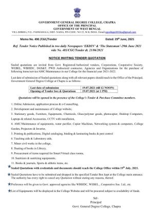 29Th June, 2021 Ref. Tender Notice Published in Two Daily Newspapers