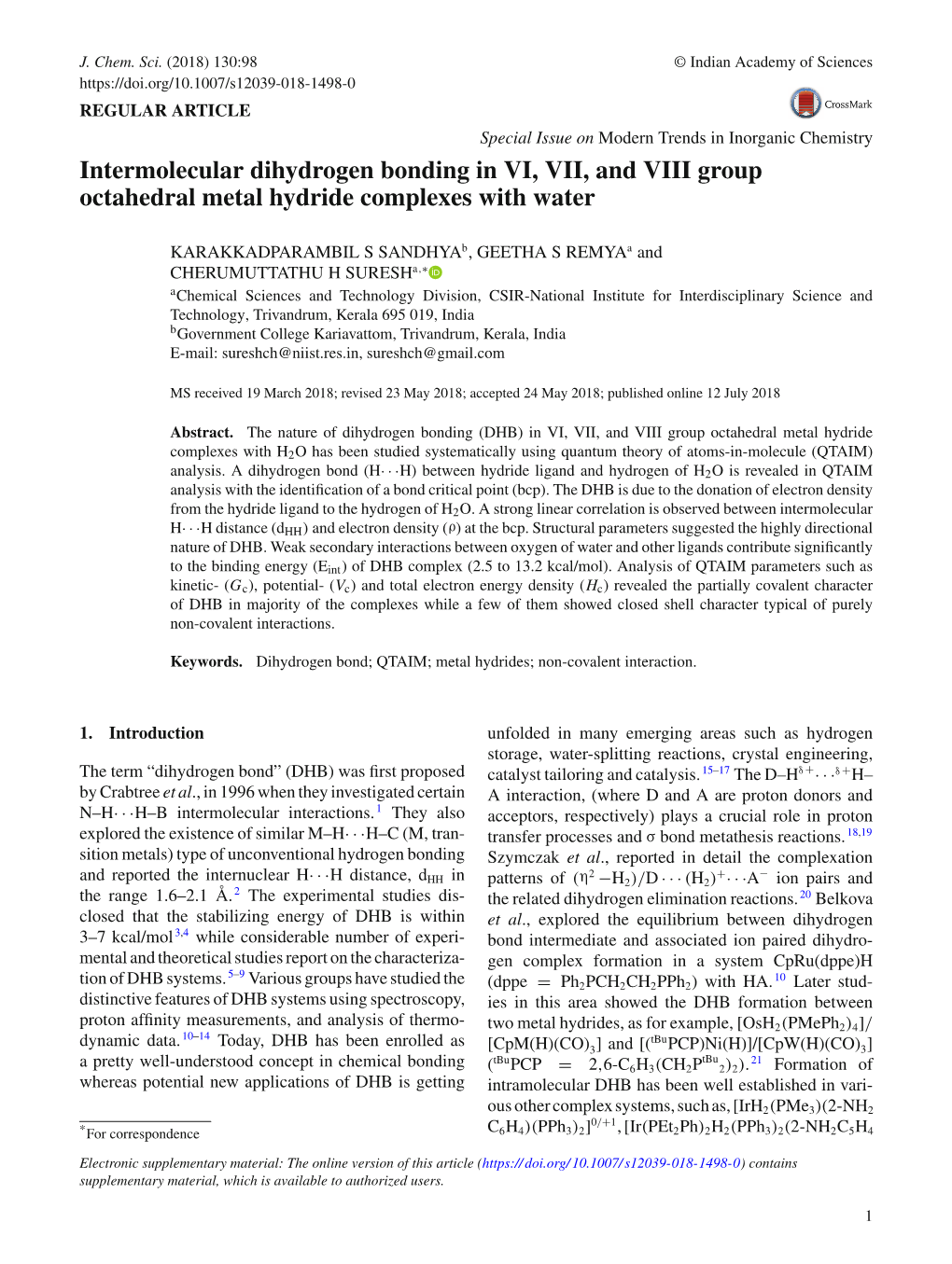 Intermolecular Dihydrogen Bonding in VI, VII, and VIII Group Octahedral Metal Hydride Complexes with Water