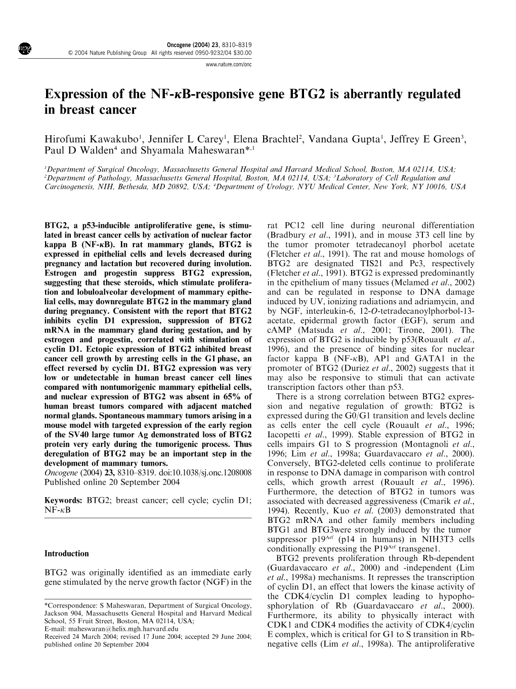 Expression of the NF-Κ B-Responsive Gene BTG2 Is Aberrantly Regulated