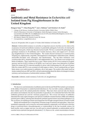 Antibiotic and Metal Resistance in Escherichia Coli Isolated from Pig Slaughterhouses in the United Kingdom