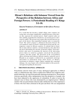Hiram's Relations with Solomon Viewed from the Perspective of the Relation Between Africa and Foreign Powers: a Postcolonial R