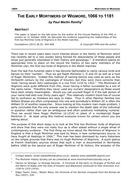 The Early Mortimers of Wigmore, 1066-1181