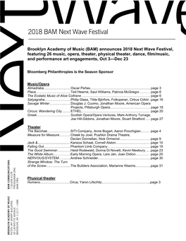 Announces 2018 Next Wave Festival, Featuring 26 Music, Opera, Theater, Physical Theater, Dance, Film/Music, and Performance Art Engagements, Oct 3—Dec 23