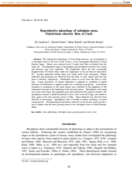 Reproductive Phenology of Subalpine Moss, Polytrichum Ohioense Ren. Et Card