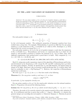 ON the P-ADIC VALUATION of HARMONIC NUMBERS 1