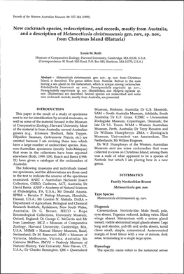 New Cockroach Species, Redescriptions, and Records, Mostly from Australia, and a Description of Metanocticola Christmasensis Gen