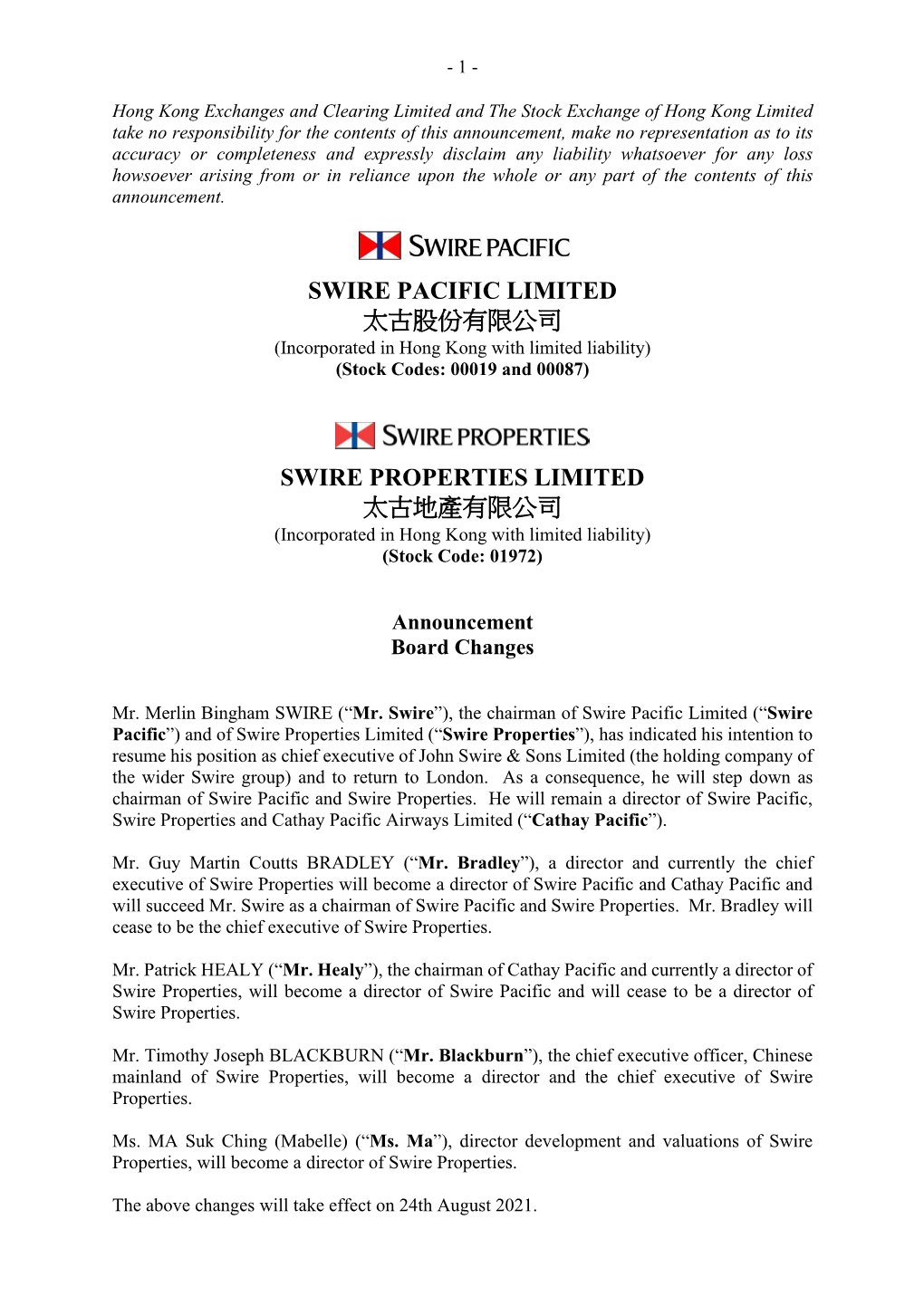 Swire Pacific Limited 太古股份有限公司 Swire