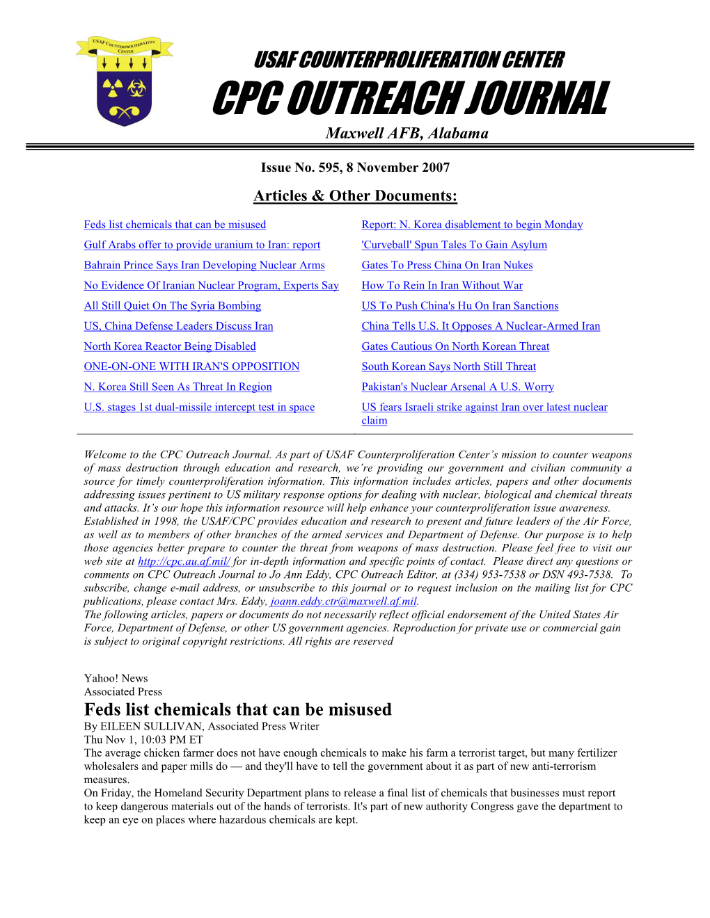 USAF Counterproliferation Center CPC Outreach Journal #595