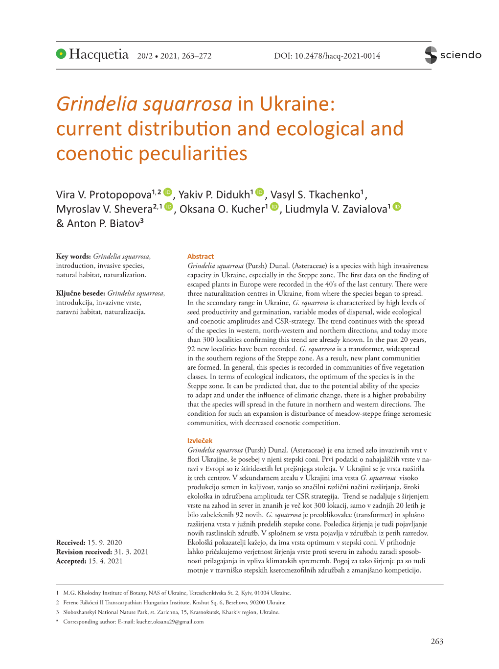 Grindelia Squarrosa in Ukraine: Current Distribution and Ecological and Coenotic Peculiarities