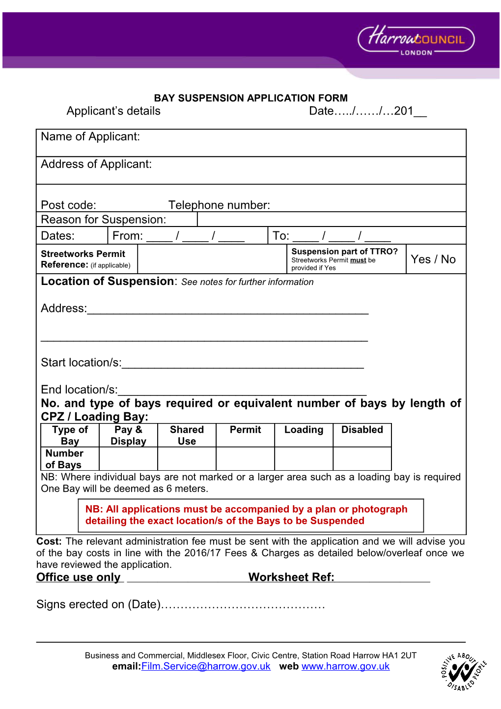 Bay Suspension Application Form