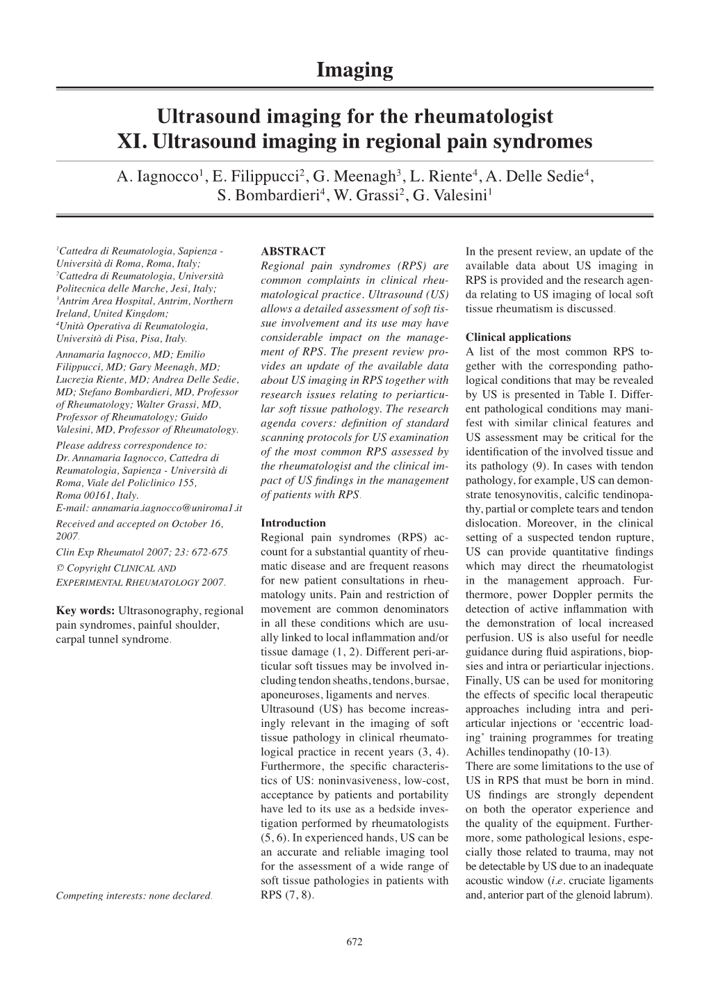 Imaging Ultrasound Imaging for the Rheumatologist XI. Ultrasound Imaging in Regional Pain Syndromes A