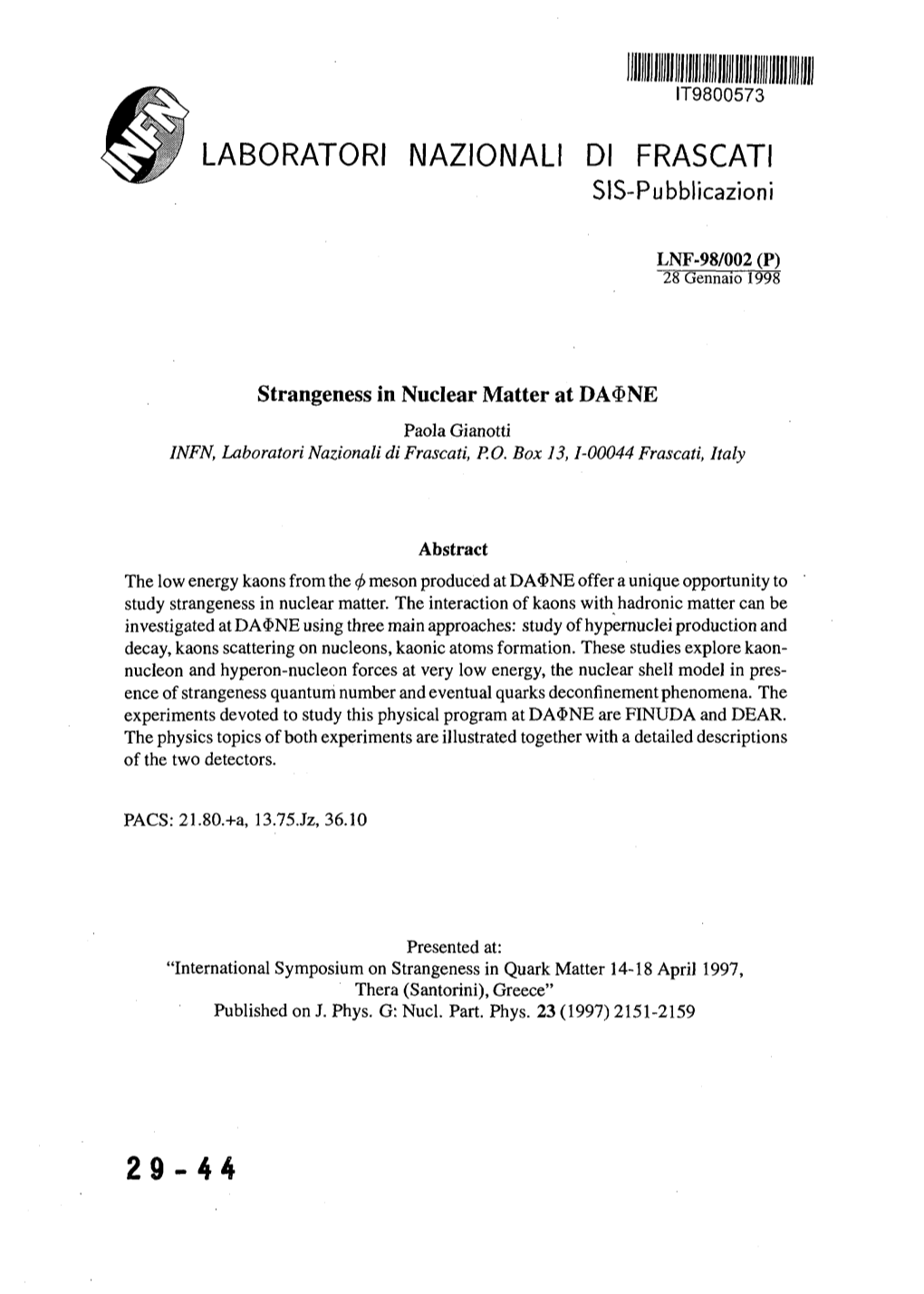 LABORATORI NAZIONALI Dl FRASCATI 29-44