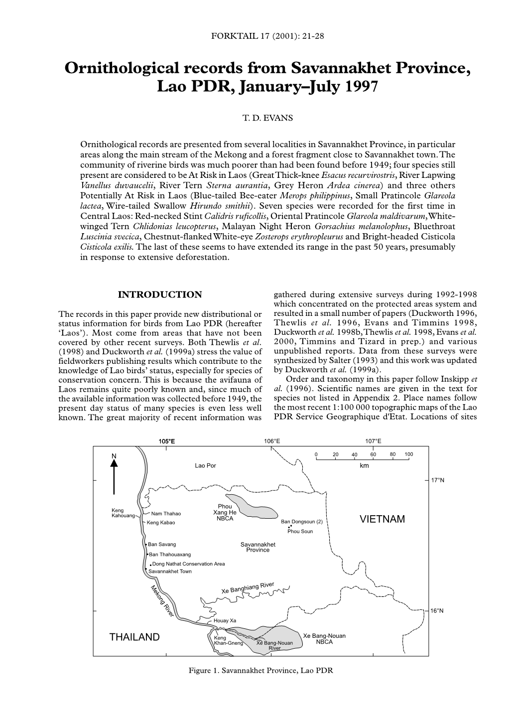 Ornithological Records from Savannakhet Province, Lao PDR, January–July 1997