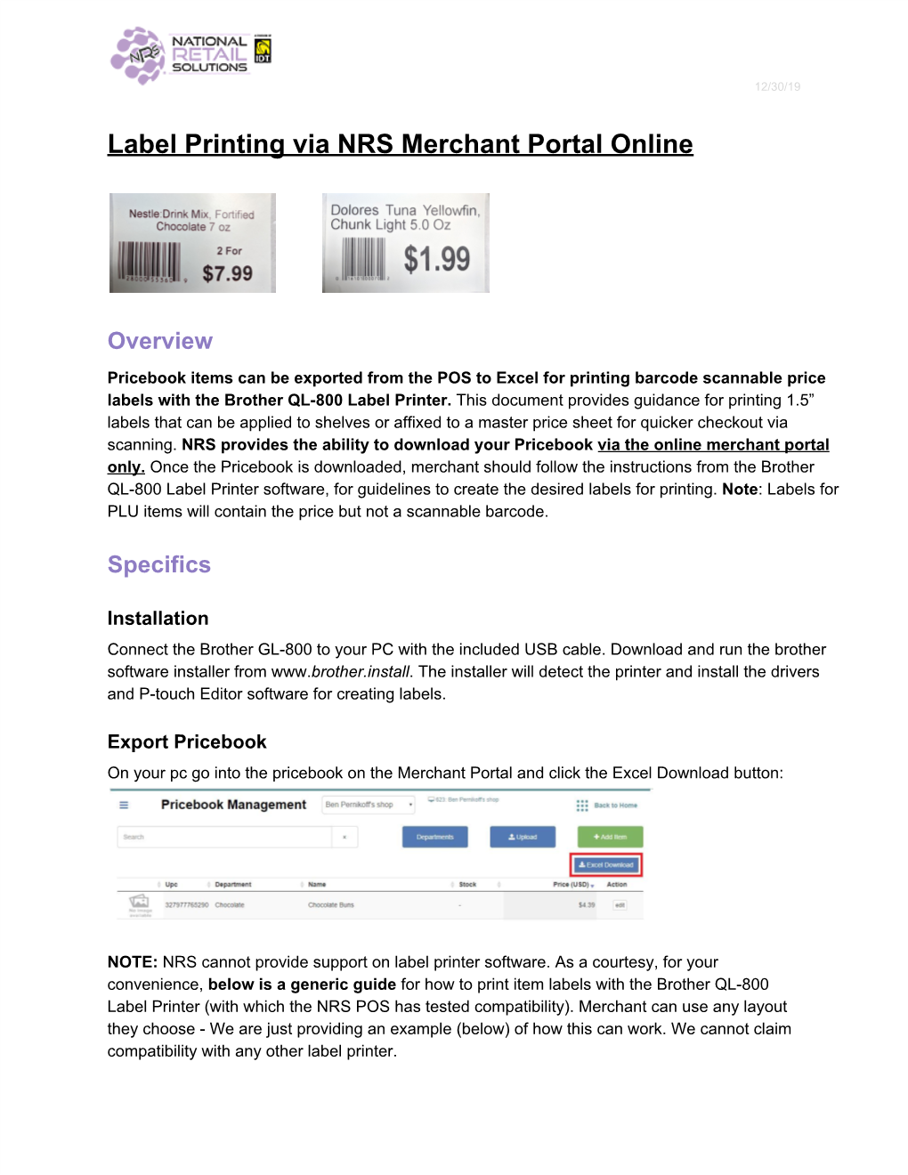 Label Printing Via NRS Merchant Portal Online