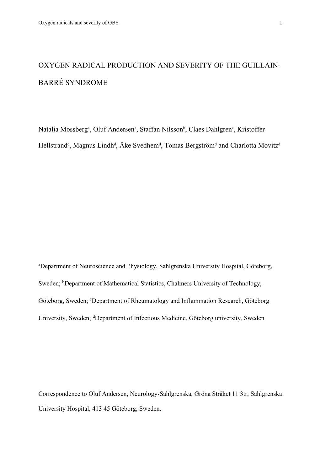 Oxygen Radicals and Severity of GBS