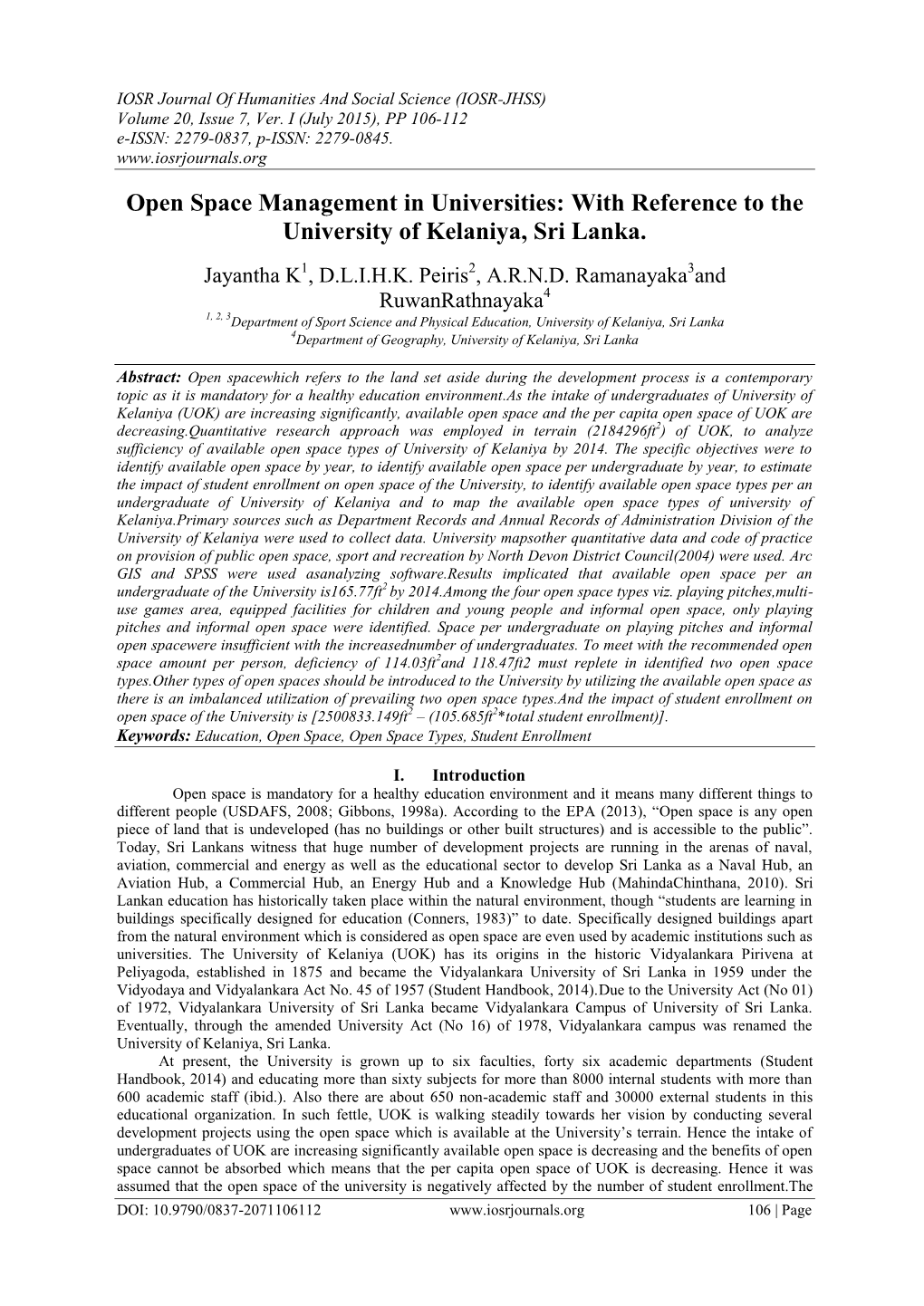 Open Space Management in Universities: with Reference to the University of Kelaniya, Sri Lanka