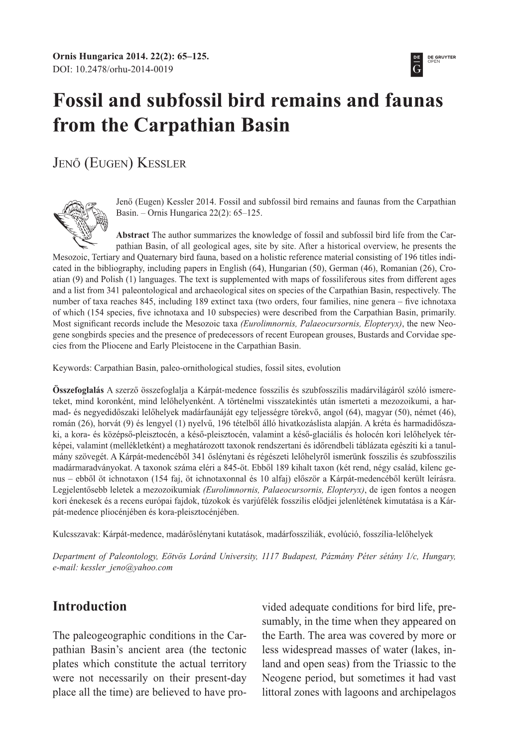 Fossil and Subfossil Bird Remains and Faunas from the Carpathian Basin