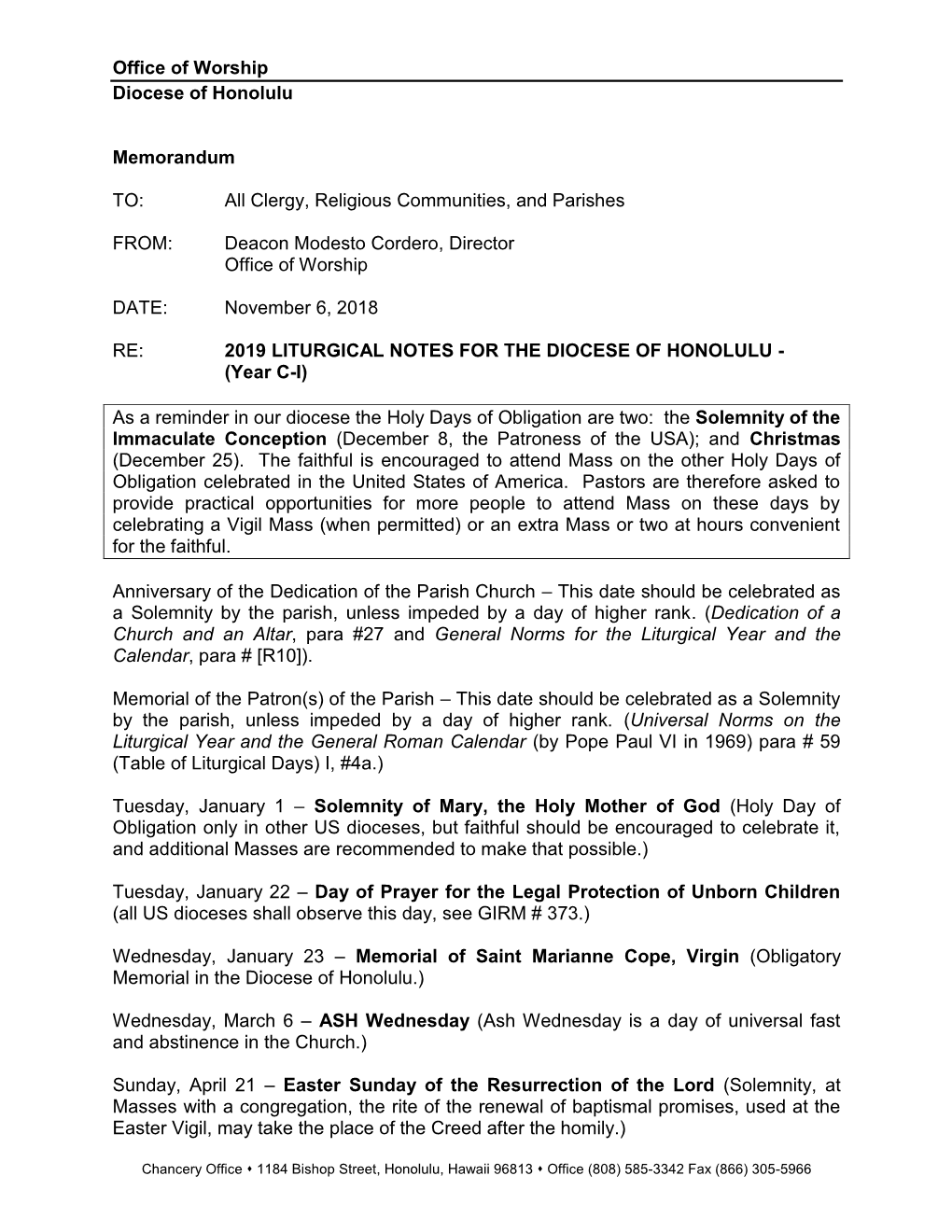 Office of Worship Diocese of Honolulu Memorandum TO: All Clergy