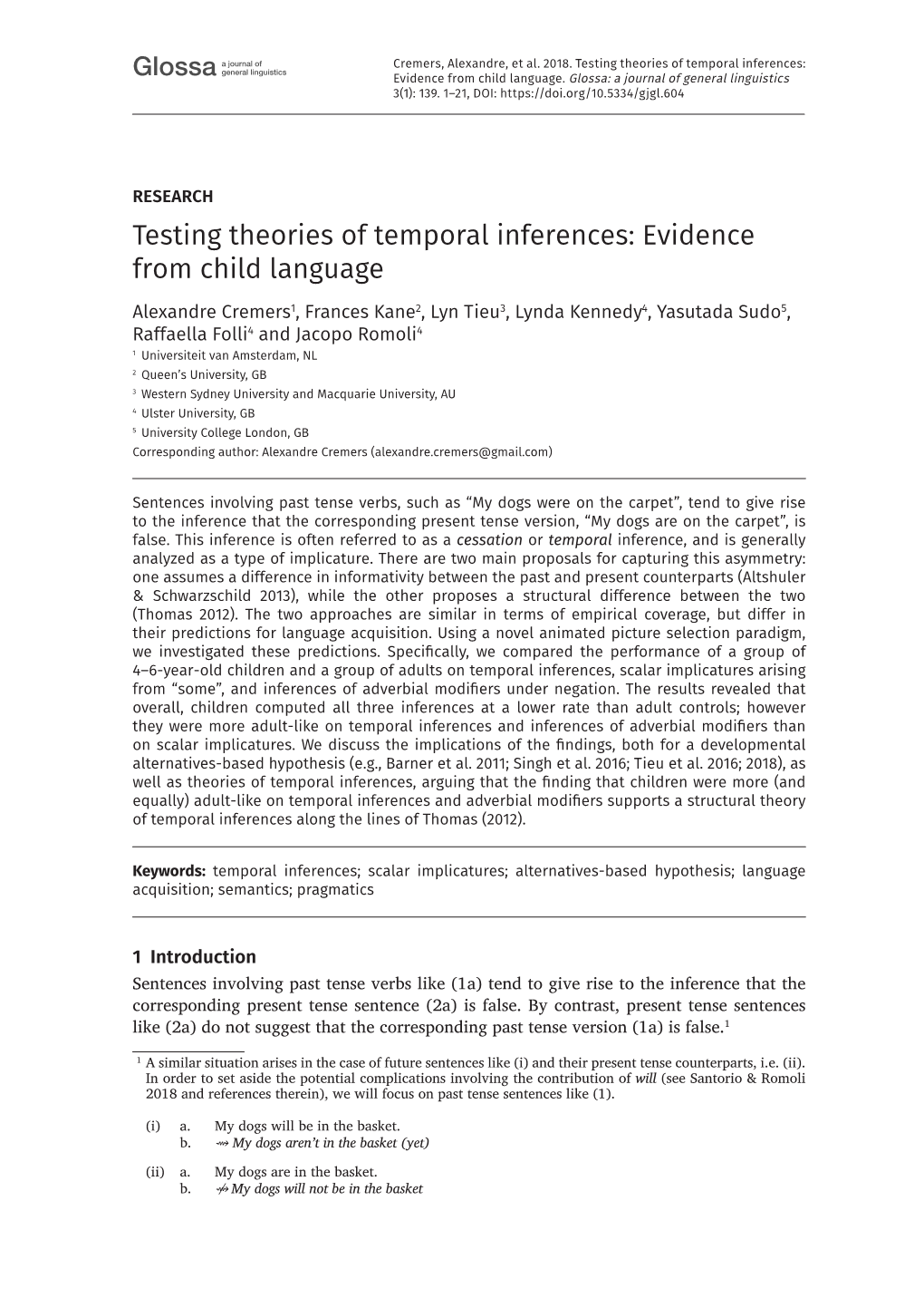 Testing Theories of Temporal Inferences: General Linguistics Glossa Evidence from Child Language