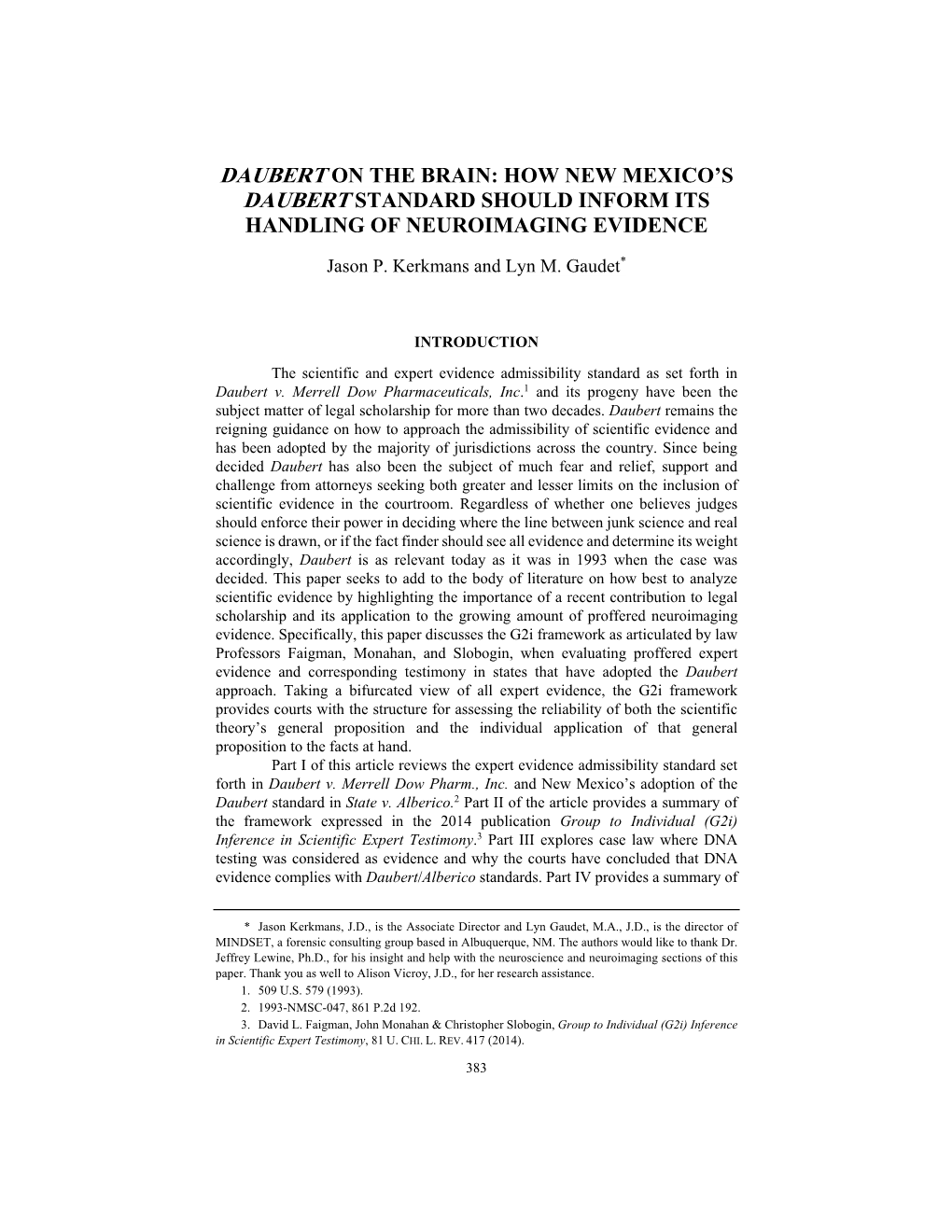 Daubert on the Brain: How New Mexico’S Daubert Standard Should Inform Its Handling of Neuroimaging Evidence