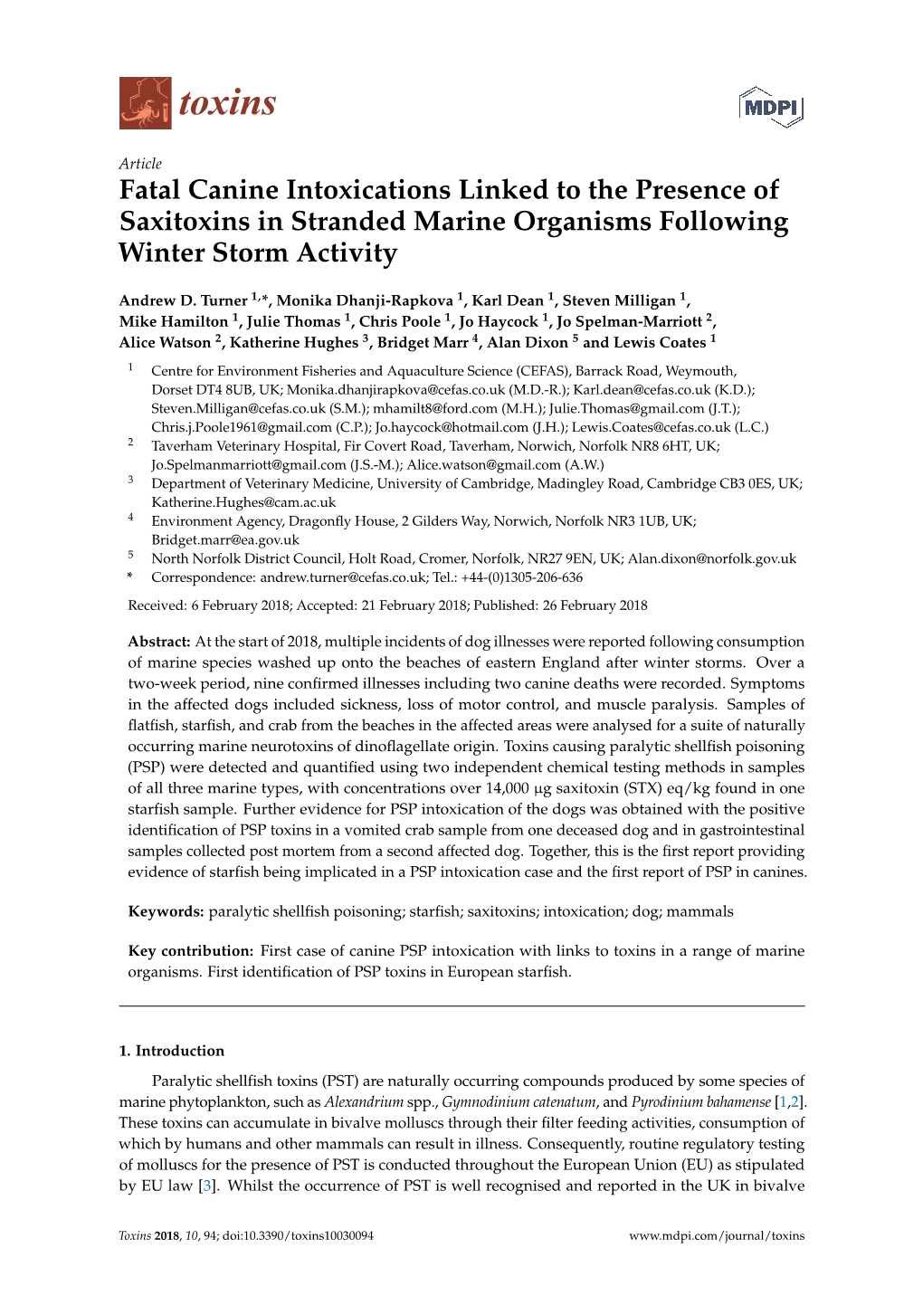 Fatal Canine Intoxications Linked to the Presence of Saxitoxins in Stranded Marine Organisms Following Winter Storm Activity