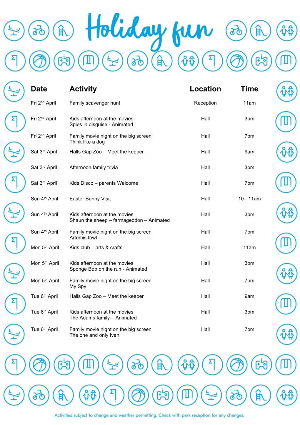 Date Activity Location Time