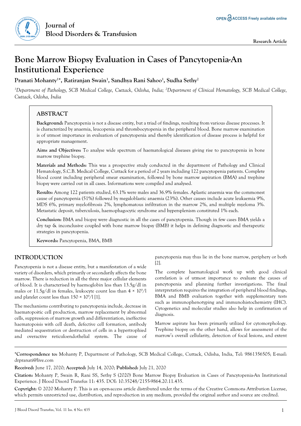 Bone Marrow Biopsy Evaluation in Cases of Pancytopenia-An